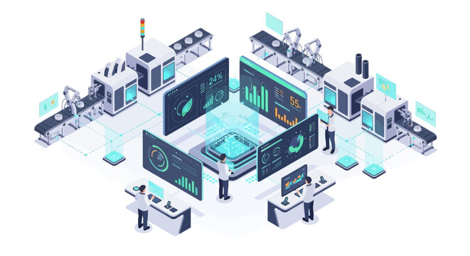Isometric illustration of a modern industrial data analytics dashboard with people working on computers and screens displaying graphs and charts in a futuristic factory background.