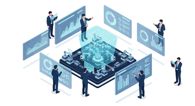 Isometric illustration of business professionals analyzing data on a large industrial data analytics dashboard with various screens and graphs in a modern, futuristic setting.