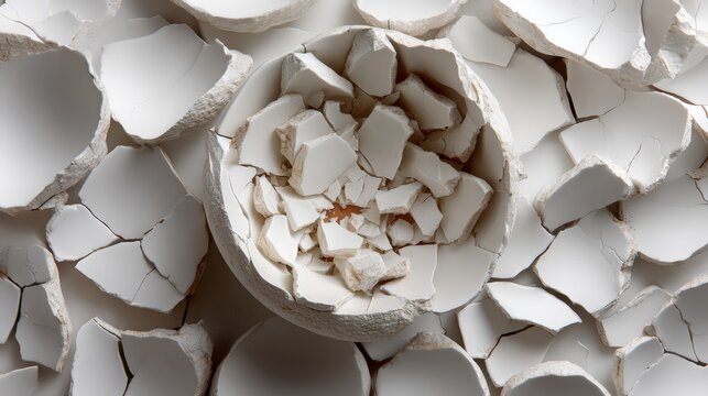 White cracked eggshells arranged around a central bowl filled with broken pieces, showcasing a textured surface and intricate patterns of the eggshell fragments