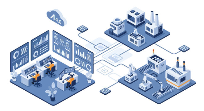 Isometric illustration of people working in a modern industrial setting with data analytics dashboard and technology systems for efficient business process and innovation.