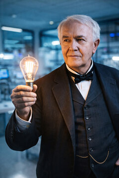 A modern, high-definition portrait of Thomas Edison holding a glowing incandescent light bulb inside a contemporary laboratory setting. The image blends historical brilliance with a futuristic.
