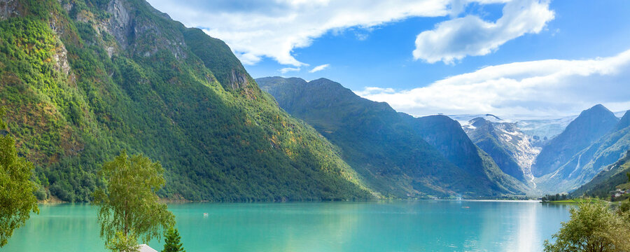 banner of turquoise fjord, mountains, Norway