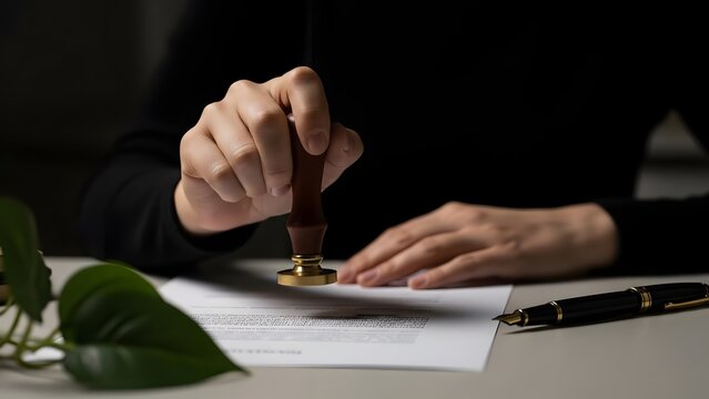 A person's hand is carefully pressing a traditional wax seal or an official stamp onto a legal document or contract placed on a professional desk.