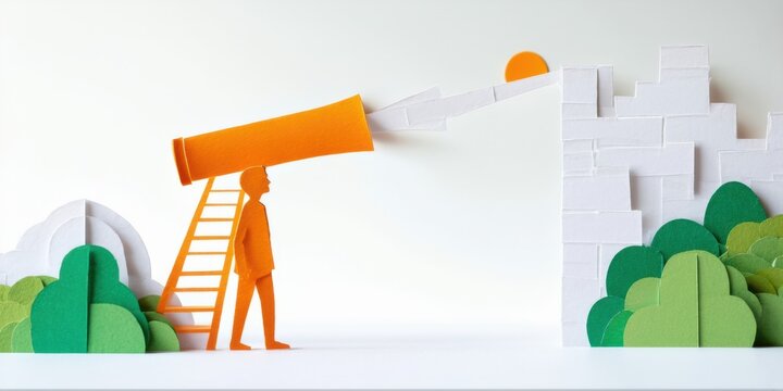 Papercraft scene depicts person using telescope atop ladder. Wall, clouds, sun visible. Bright colors, minimalist style. Focus on observation.
