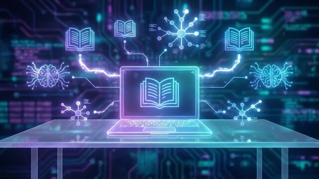 Digital learning concept featuring laptop and glowing book icons with neural network symbols and data connections showcasing futuristic technology background blue and purple tones for online