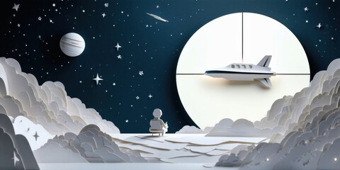 Fototapeta premium Papercraft scene depicts astronaut observing spaceship near moon. Stars, planets visible in dark sky. Peaceful, dreamy composition.