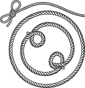 A detailed, monochrome illustration of nautical rope elements is presented against a stark white background. The central focus is a circular frame meticulously crafted from thick, intertwined rope, su