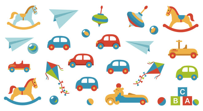 Collection of colorful children's toys including rocking horses, cars, kites, spinning tops, and building blocks on a white background