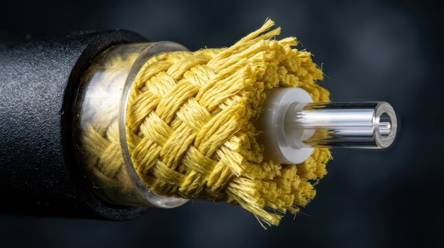 Extreme macro shot of the protective aramid yarn and plastic cladding of an armored fiber cable.