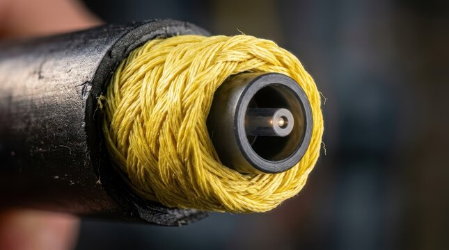 Extreme macro shot of the protective aramid yarn and plastic cladding of an armored fiber cable.