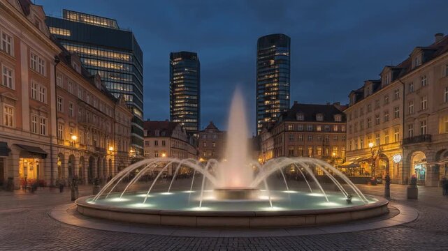 Illuminated Fountain in City Square with Modern Skyscrapers at Dusk