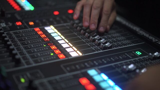 Sound Engineer Hand Adjusting Audio Mixer Console Fader