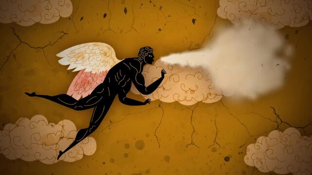 aeolus greek god of wind blowing in orange vase style