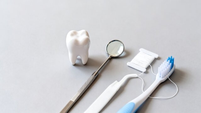 Dental tools and tooth model on gray surface