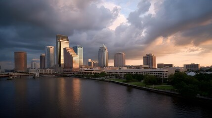 Obraz premium Dramatic city skyline at dusk with moody clouds illuminated by golden sunset light reflected in the waterfront