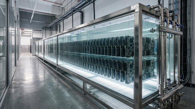 A wide interior shot of a horizontal immersion tank filled with clear fluid. Multiple server blades submerged in a perfect row.