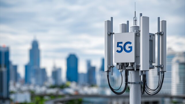 5G cellular tower with multiple antennas against a blurred city skyline featuring modern skyscrapers and a cloudy sky in the background