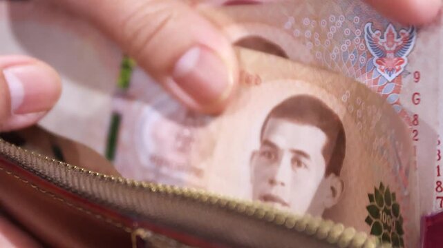 Hand counting banknotes inside a wallet, money close-up. representing finance, cash, savings, expenses, income, budgeting, and personal money management