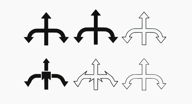 Three-way direction arrow icon set, fork path road sign symbols