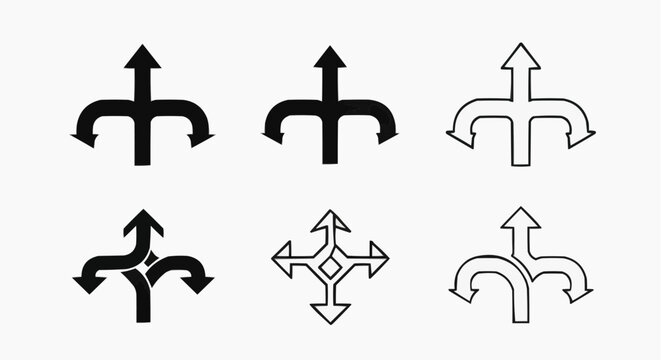 Three-way direction arrow icon set, fork path road sign symbols