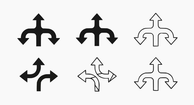 Three-way direction arrow icon set, fork path road sign symbols