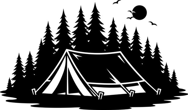 Camping, tent, outdoor adventure, black silhouette icon, vector illustration