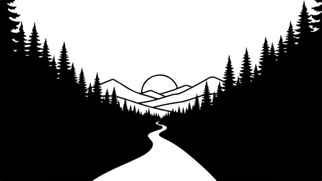 Black forest landscape silhouette, road to mountains, sunset vector icon, wilderness scenery