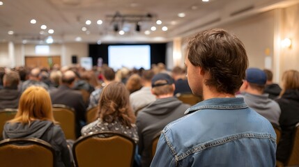Fototapeta premium Man in denim jacket facing a large audience seated in a conference hall attending a presentation