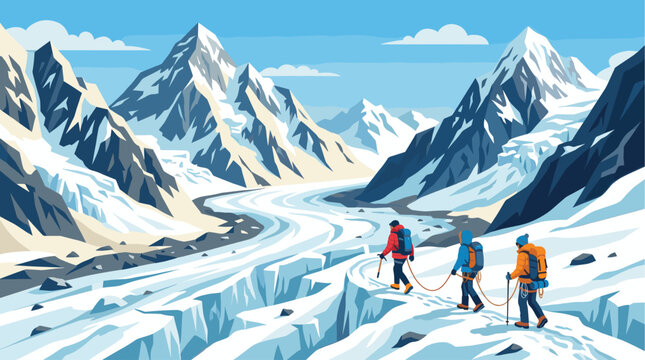 Three climbers trek across a vast, icy glacier surrounded by majestic, snow-capped mountains under a clear blue sky with clouds.