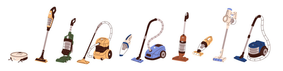 Vacuum cleaners types set. Different household appliance for cleanup in house. Robot, for car and upright dust sucking machine for housework. Flat isolated vector illustration on white background © Paper Trident