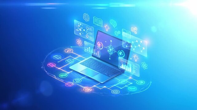 Laptop digital science technology icons floating above screen representing data analysis research innovation futuristic environment with advanced visualization and futuristic blue background