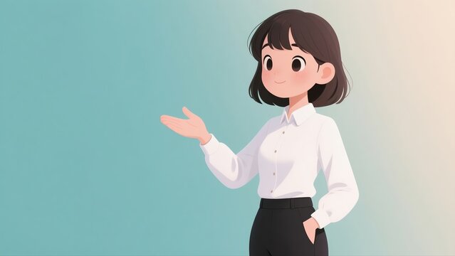Animated woman in white shirt presenting