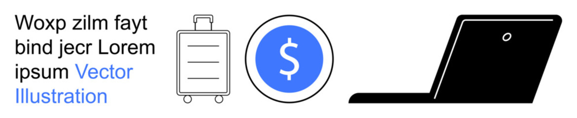 Fototapeta premium Travel, digital payment, e-commerce, budgeting, remote work, online services. Luggage icon, dollar symbol and a laptop. Travel and digital payment theme with online services
