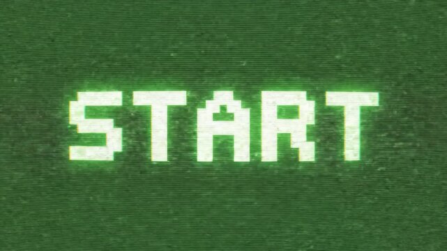 Green pixelated 'START' text appearing on a dark screen with digital distortion and retro video game aesthetic. Ideal for intros, transitions, or gaming content.