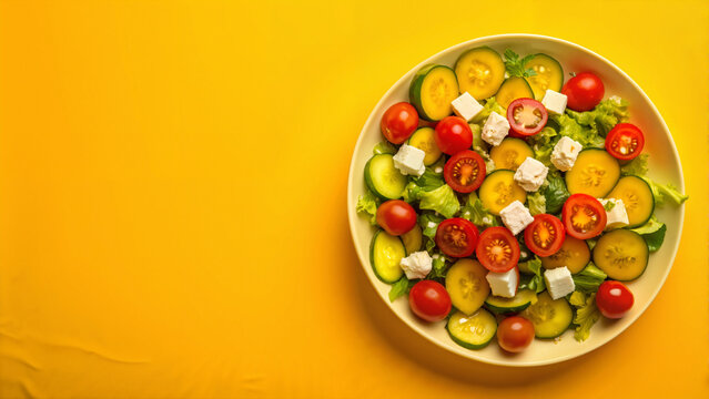 Fresh vegetable salad with tomatoes and feta cheese on yellow background  