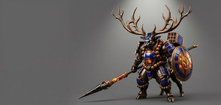 Yuru-Mecha: Samurai Dark Deer Rokuouden, Navy and Gold Armor with Orange Glow, 3D Render