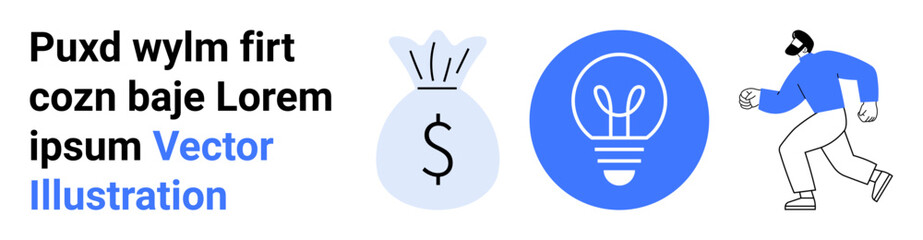 Financial growth, creativity, motivation, business strategy, entrepreneurship, innovation. Dollar sign on money bag, light bulb person running. Financial growth and creativity concept © robu_s