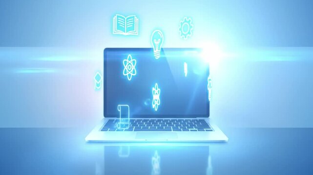 Futuristic laptop computer digital education technology blue glowing icon screen reflection combining digital learning concept with glowing book lightbulb atom gear certificate and online education