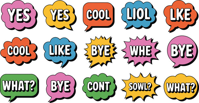 Vibrant collection of playful speech bubble vector graphics with diverse text messages and shapes
