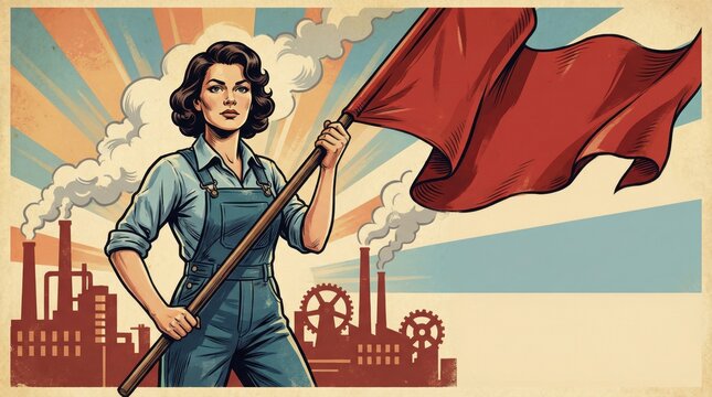 Vintage propaganda style banner for International Workers Day with female factory worker holding red flag and industrial background. May 1 labor celebration concept