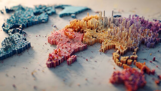 3D World Map Data Visualization with Colorful Blocks Representing Population Density