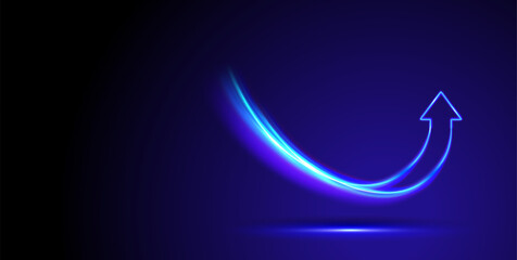 Neon blue curved arrow glowing upward on dark gradient. Smooth light trail symbolizes success, growth, progress. Futuristic digital energy flow for business motivation. © Yuri Hoyda