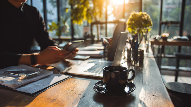 Daily Grind: A focused individual deeply engrossed in their work, surrounded by tools of the trade. A cup of coffee rests nearby. Capturing the essence of productivity, this image.