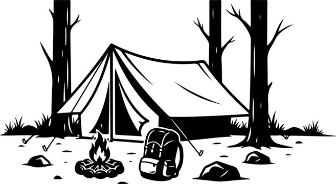 Vector illustration of camping tent with campfire and backpack