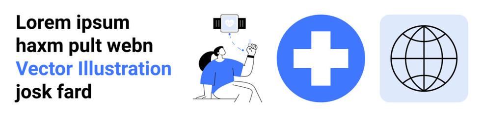 Obraz premium Telehealth, digital health, global communication, cross-care solutions, online consultation, and medical technology. A person using a device with a cross and globe symbol. Telehealth and digital