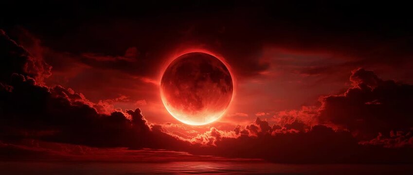 Blood moon over dark clouds. mystery, fantasy