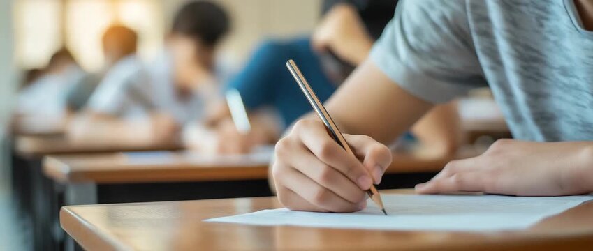 A group of students focused on writing an exam in a classroom.