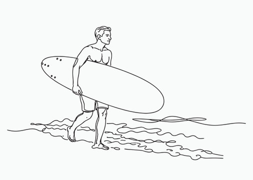 Surfer walking out of the ocean vector line drawing
