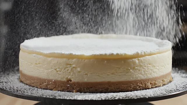 Close up of powdered sugar dusting a creamy cheesecake on a black turntable