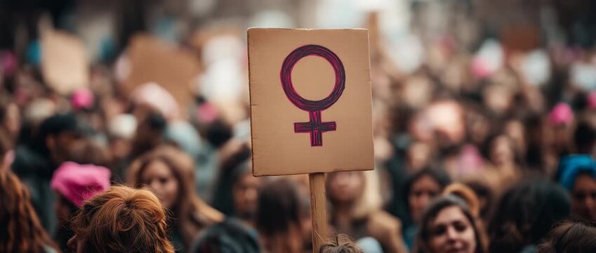 A crowd of demonstrators holds a sign featuring the female gender symbol.